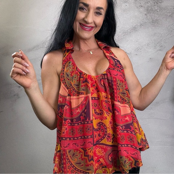 Free People Tops - Free People Red and Yellow Halter Neck Tank Top